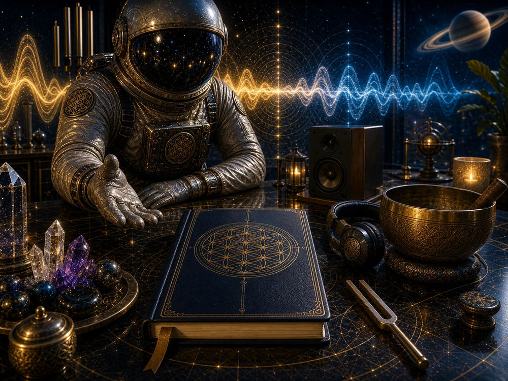 Astronaut host sits beside a blank journal, headphones, singing bowl, tuning fork, crystals, and gold-blue sound waves.