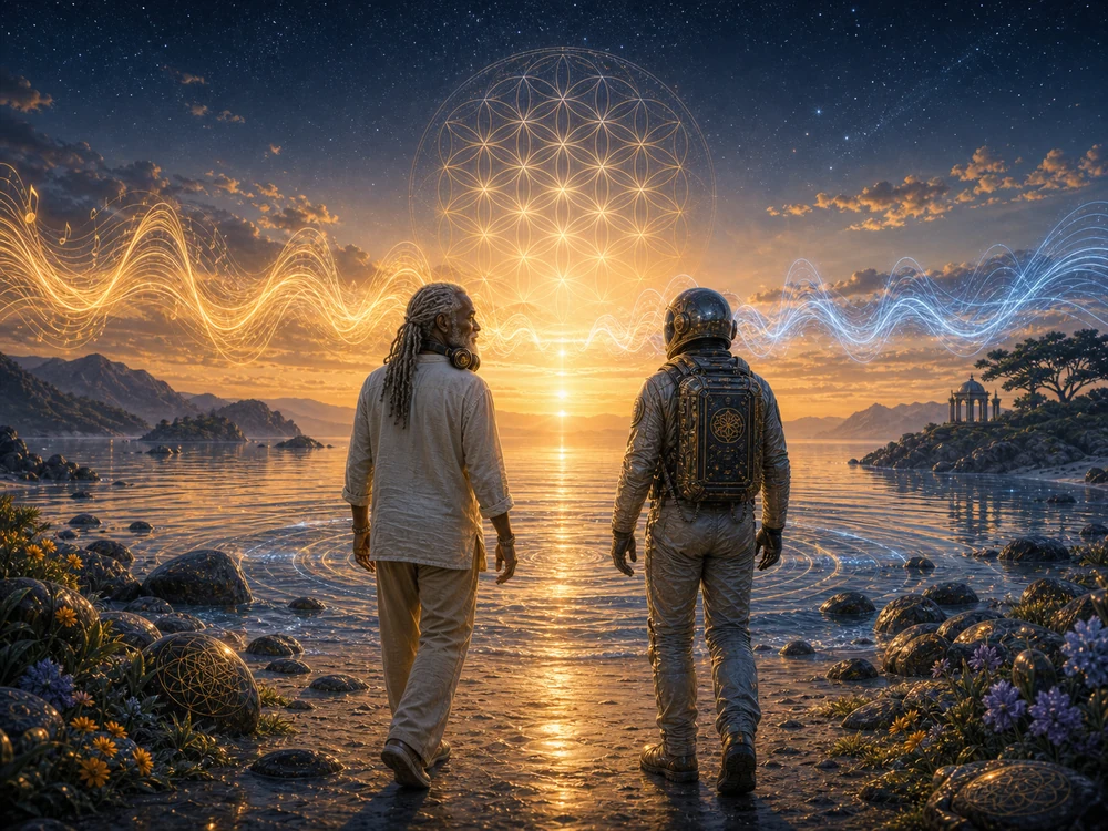 432 vs 440 | Older listener and astronaut host walk along a dawn shoreline as blue and gold sound waves fade into the horizon.