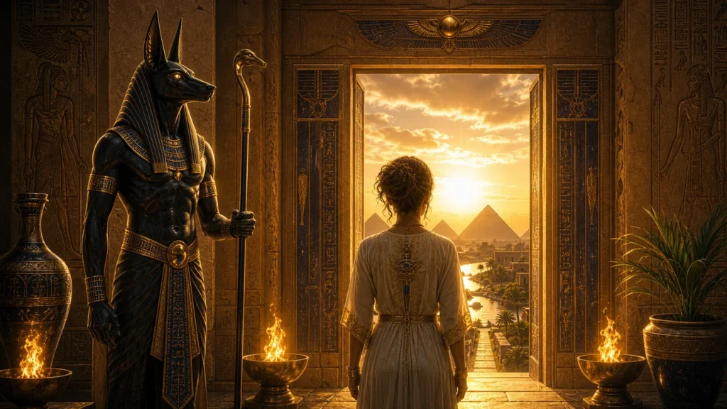 Woman in a white dress stands in an ancient temple doorway, gazing at pyramids at sunset beyond the doorway; Anubis statue to her left.
