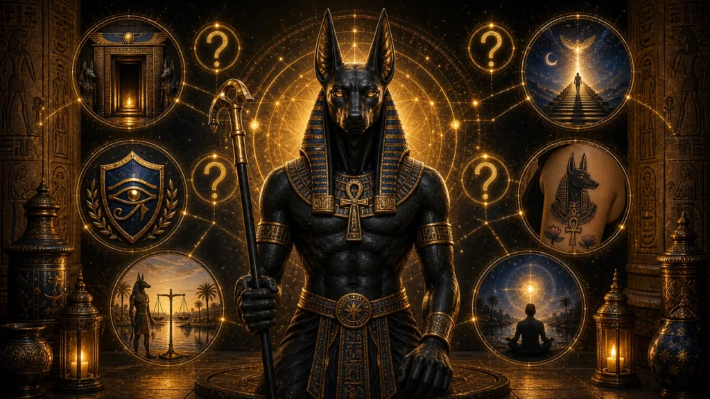 Central jackal-headed Egyptian god in ornate gold regalia holding a staff, surrounded by glowing circles and mystery icons.
