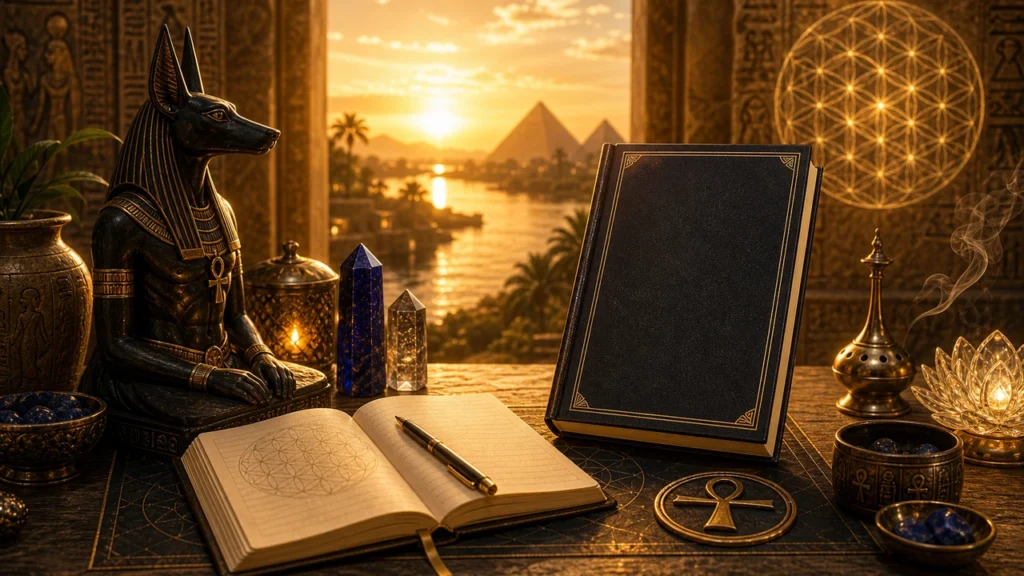 Egyptian-inspired desk with Anubis statue, open notebook, gold-edged book, crystals, and a sunset over pyramids.
