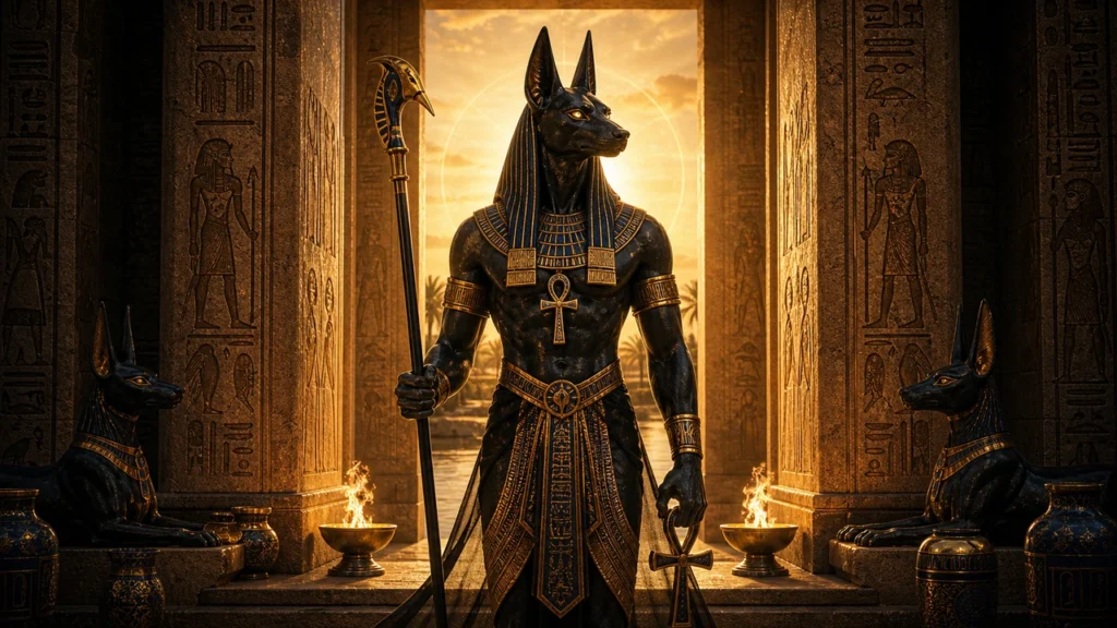 Anubis meaning | Anubis-like jackal-headed deity in an ornate Egyptian temple, holding a staff and ankh with gold jewelry and glowing torches nearby.