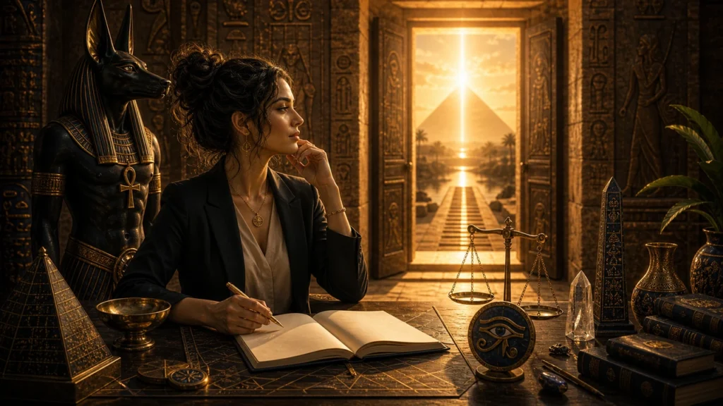 Woman in a blazer writes in an open notebook at an ornate desk surrounded by Egyptian artifacts, including an Anubis statue and a glowing pyramid doorway in the background.