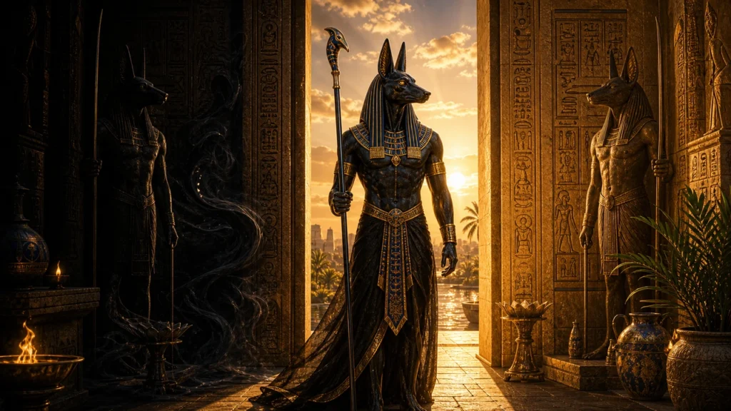 Jackal-headed deity in ornate robes holds a staff at a sunlit Egyptian temple doorway, sunset behind him.