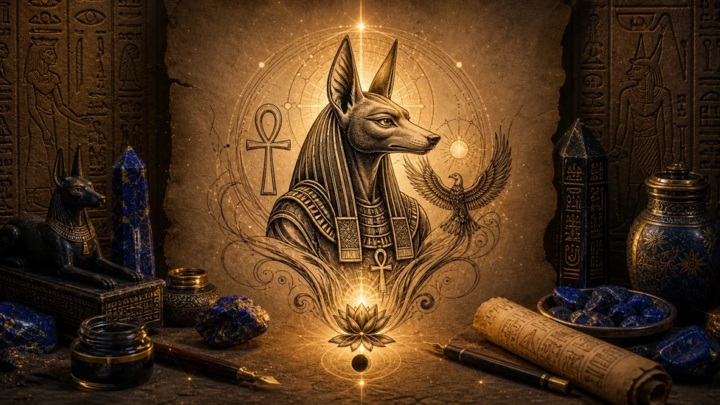 Illustration of Anubis with ankh hieroglyphs, surrounded by golden celestial circles, amid Egyptian relics and blue stones.