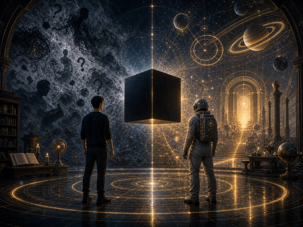 Seeker and astronaut host observe a black cube between smoky confusion and golden architecture in a cosmic study room.