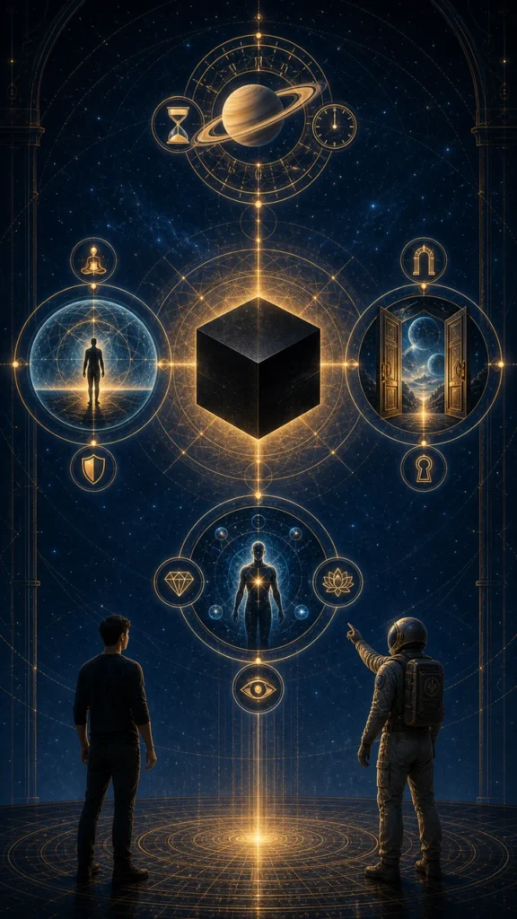 Vertical black cube infographic with Saturn rings, golden geometry, symbolic icons, seeker silhouette, and astronaut guide.