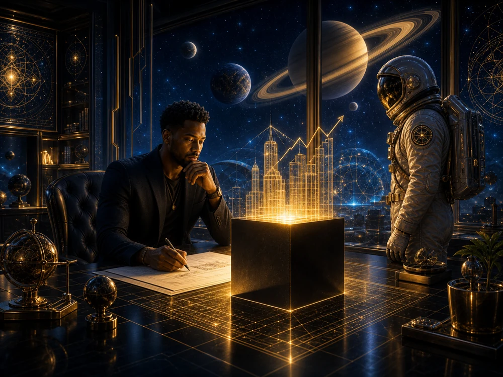 Entrepreneur works at a cosmic desk beside the astronaut host as a black cube becomes a glowing business foundation.