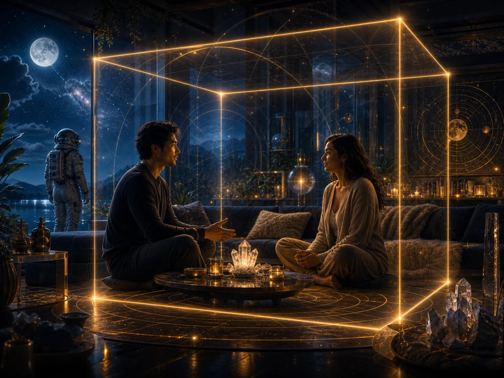 Two partners sit inside a gentle golden cube boundary while the astronaut host watches from a moonlit cosmic room.