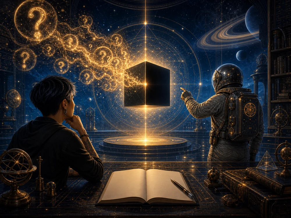 Seeker writes in a blank journal as golden question marks dissolve into a black cube beside the astronaut host.