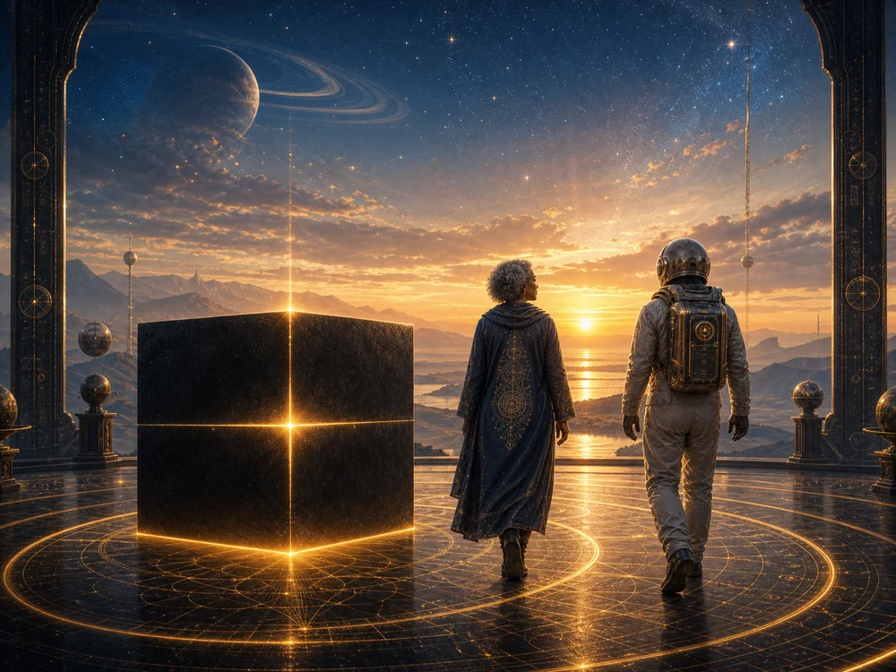Older woman and astronaut host walk toward sunrise as a black cube glows like a stable foundation behind them.