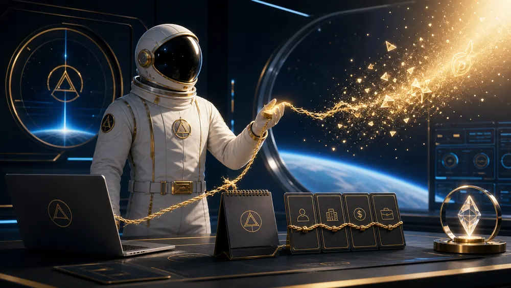 Astronaut in a white suit at a high-tech station, laptop open, golden holographic particles and crypto symbols streaming from a rope in space.