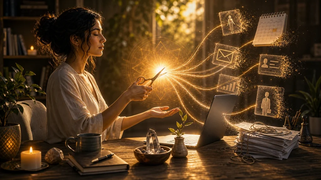 Woman at a desk cuts a glowing stream of digital icons from her laptop, symbolizing brainstorming and planning.
