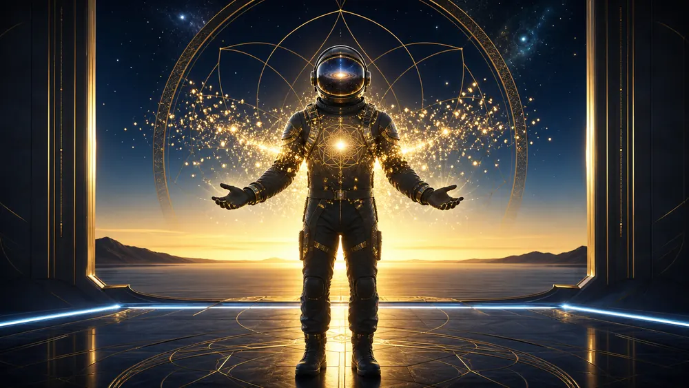Astronaut in a suit stands with arms open inside a futuristic chamber, glowing golden rings and sparkles behind him at sunset.