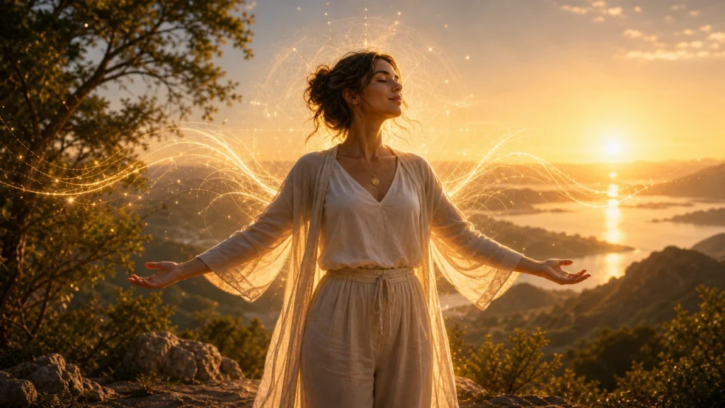 Woman stands on a rocky hill at sunset with arms outstretched as golden light trails swirl around her.