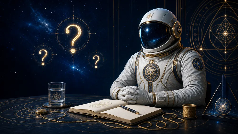 Astronaut in a white suit sits at a desk with an open notebook and pen, as glowing question marks orbit a starry backdrop.