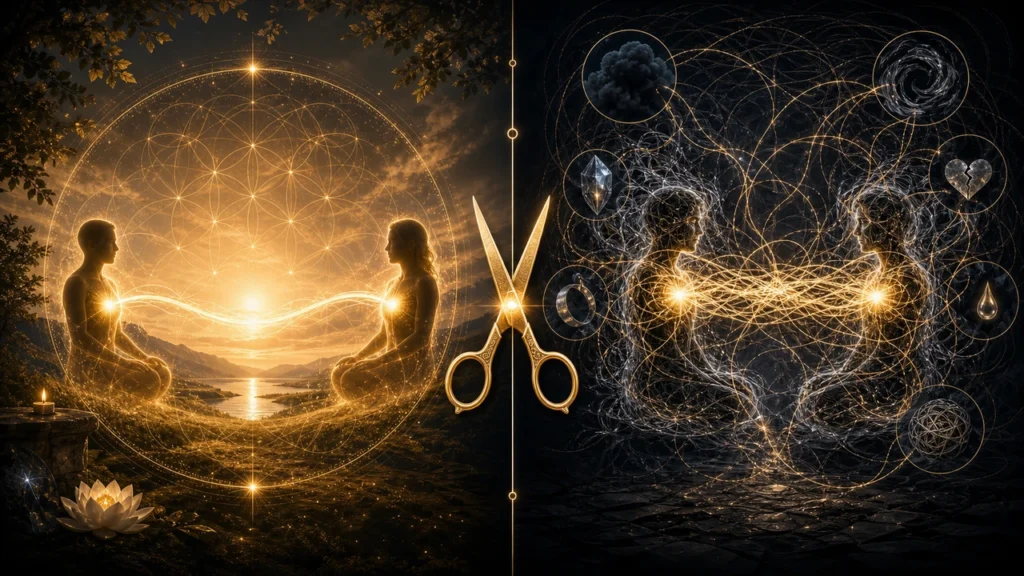 Two meditators sit facing each other inside a golden geometric circle on the left, while tangled, glowing threads bind two figures on the right, with gold scissors at the center dividing them.