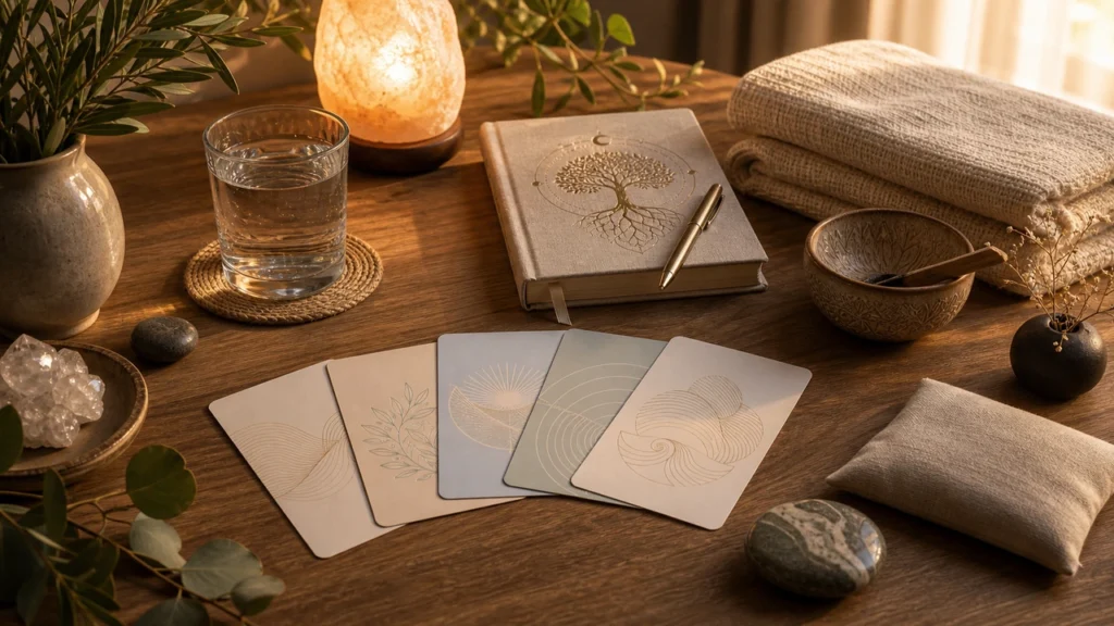Calm wellness desk with abstract-designed cards laid out, a tree notebook, glass of water, salt lamp, and cozy textiles on a wooden table.