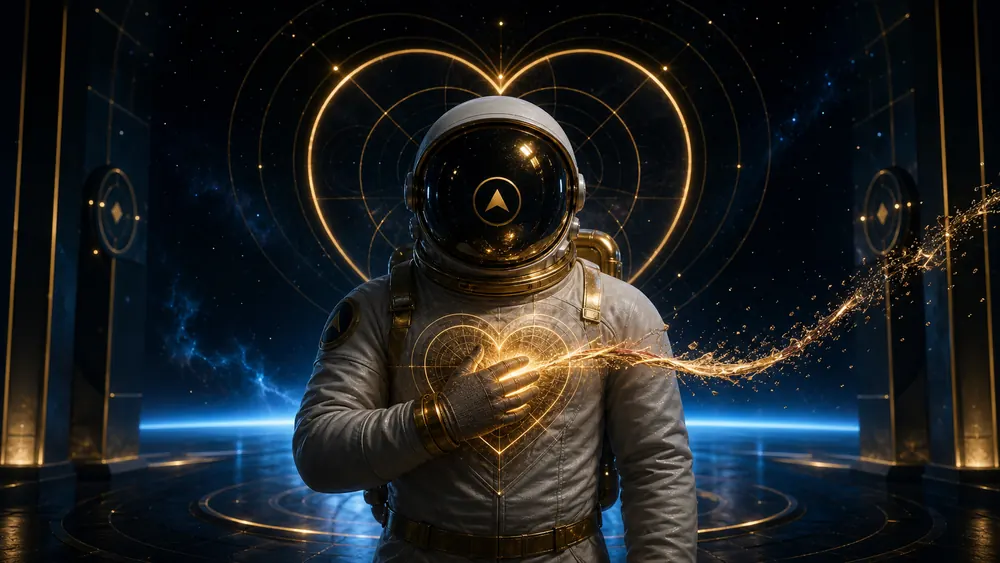 Astronaut in a white space suit touches a glowing golden heart made of light with sparks emanating from the chest, in a futuristic space setting.