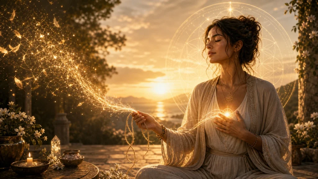 Woman in flowing beige robes meditates outdoors at sunset, releasing a stream of glowing golden energy from her hand and chest area.