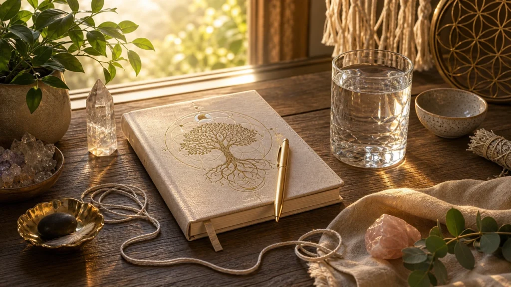 Beige notebook with a gold tree design and a gold pen on a wooden desk, surrounded by crystals, a plant, and a glass of water.