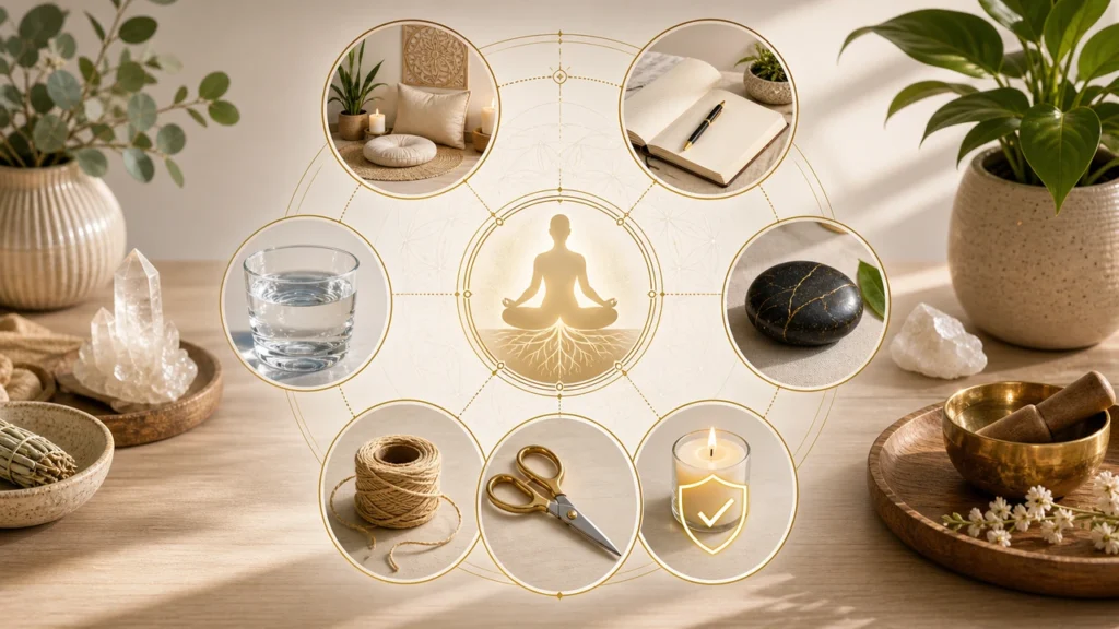 Meditating silhouette at center of a golden mandala, with surrounding wellness items like crystals, plants, water, journal, yarn, scissors, and candle.
