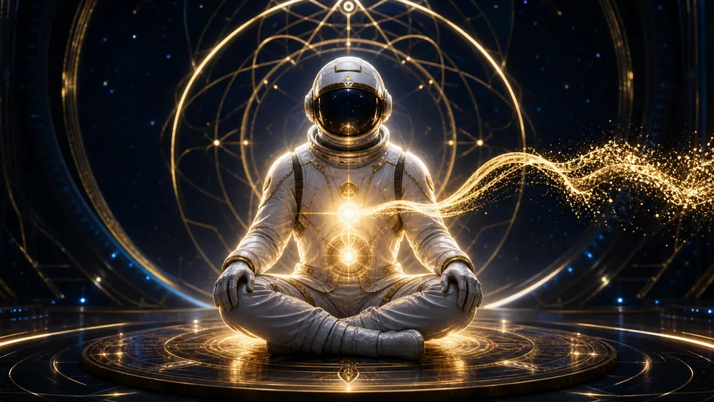 Astronaut in a white suit sits cross‑legged in a glowing circular platform, surrounded by golden energy lines in a cosmic chamber.