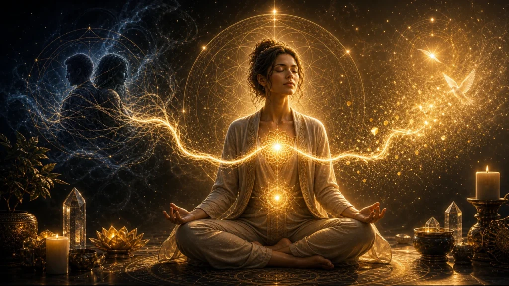 Woman meditating in a lotus pose, surrounded by a glowing golden aura and geometric energy patterns. Candles and crystals frame the scene for serenity.