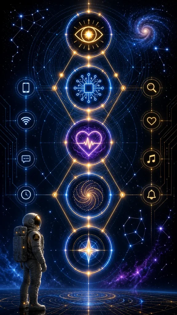 Astronaut in space gazes at a vertical, glowing tower of neon icons—eye, microchip, heart, spiral—against a starry background.