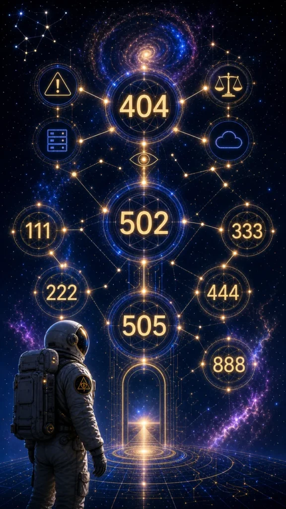 Astronaut in space faces a glowing network of neon nodes and numbers like 404, 502, and 505 in a cosmic grid.