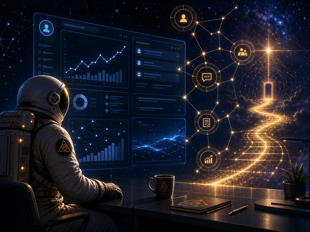 Astronaut at a high-tech control desk, blue holographic screens show charts and networks, with a glowing golden path leading to a door in space.