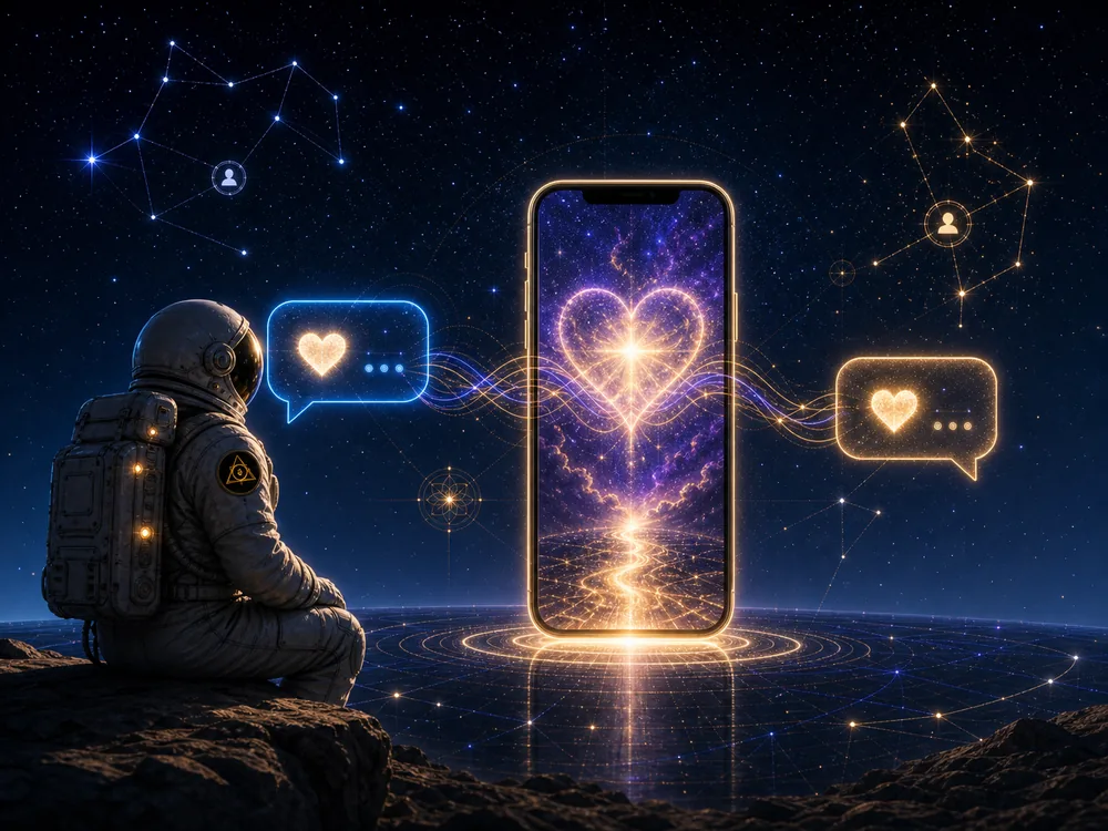 Astronaut sits on a rocky surface as a glowing smartphone projects a heart and chat bubbles across a starry night sky, symbolizing space-age connection.