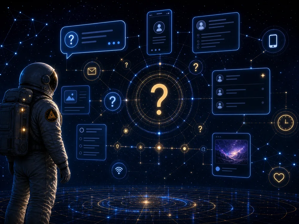 Astronaut in space examines glowing holographic screens with a central question mark, symbolizing inquiry and data networks.