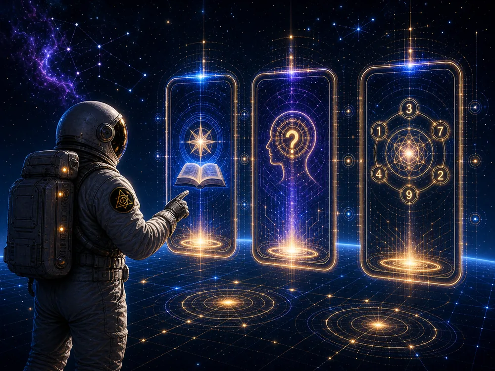 Astronaut in space points at glowing holographic panels depicting a book, a head with a question mark, and a circular numeric diagram for knowledge and inquiry.