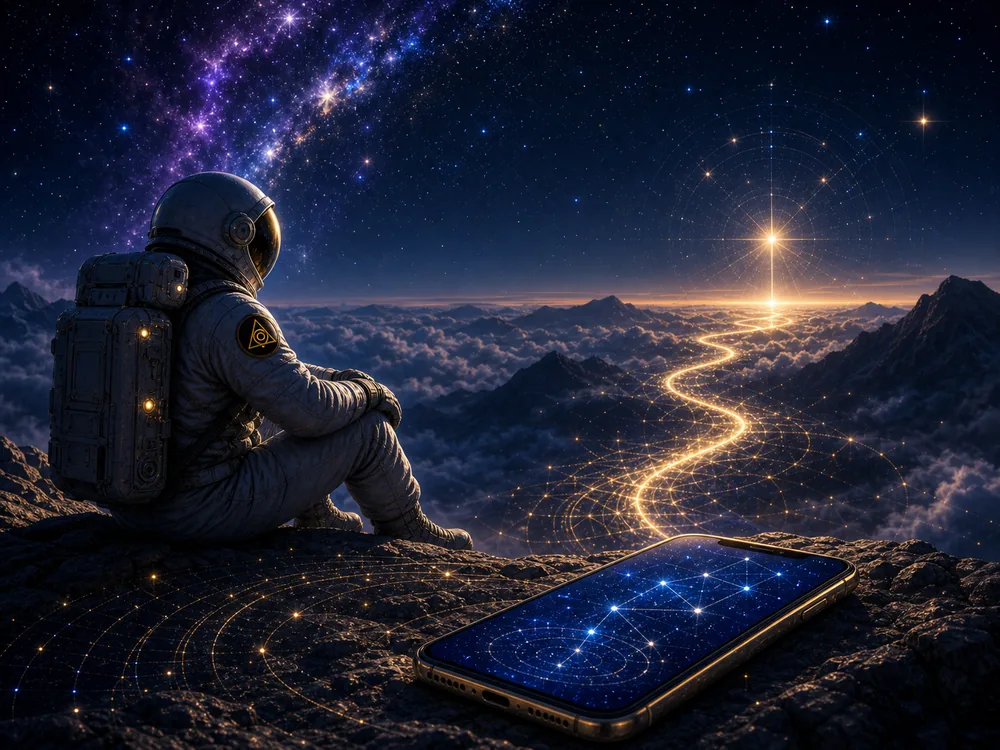 Astronaut sits on a rocky ledge above clouds, gazing at a starry sky with a glowing cosmic path to a bright beacon, while a phone shows a star map.