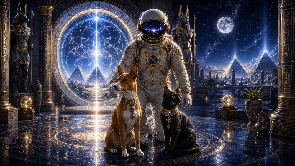 Astronaut in an ornate suit stands with two decorated dogs inside a glowing temple, pyramids and a starry sky visible outside.