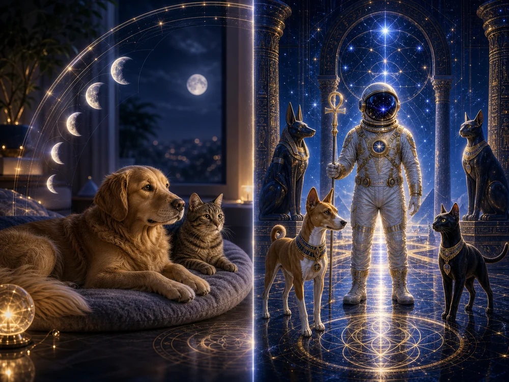 Split-scene image: left shows a golden retriever and a cat lounging on a bed with moon phase arc overhead; right shows a futuristic scene with an astronaut dog and two cats among glowing runes and statues in a starry chamber.