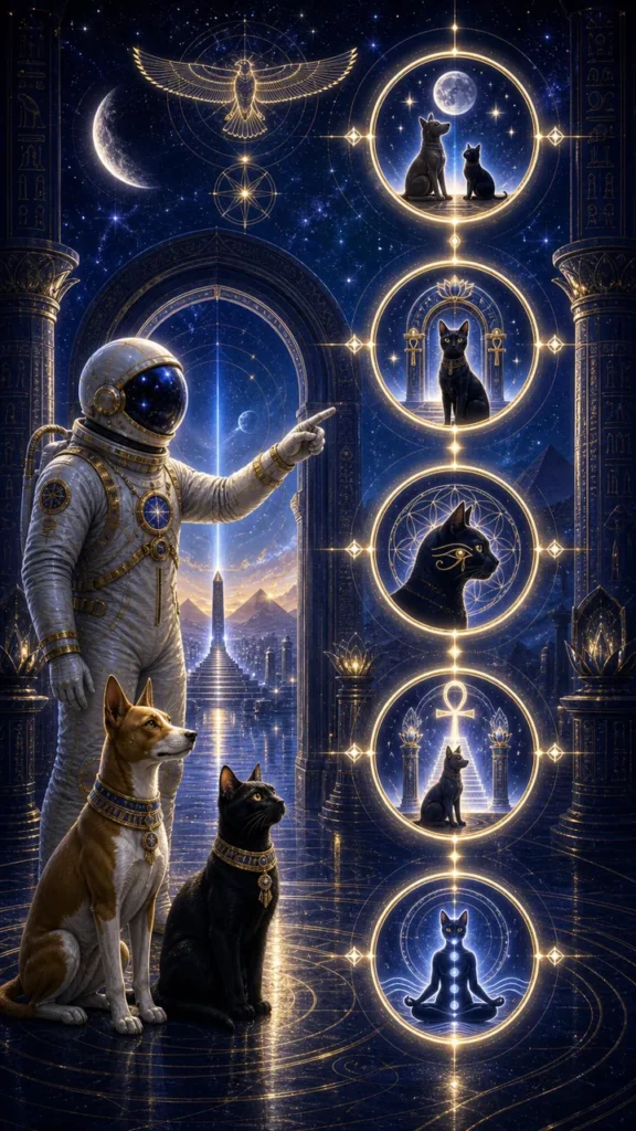 Egyptian pets | Astronaut in a white suit points to a vertical chain of glowing circular panels showing cats, with dogs beside him in a starry, ornate temple setting.
