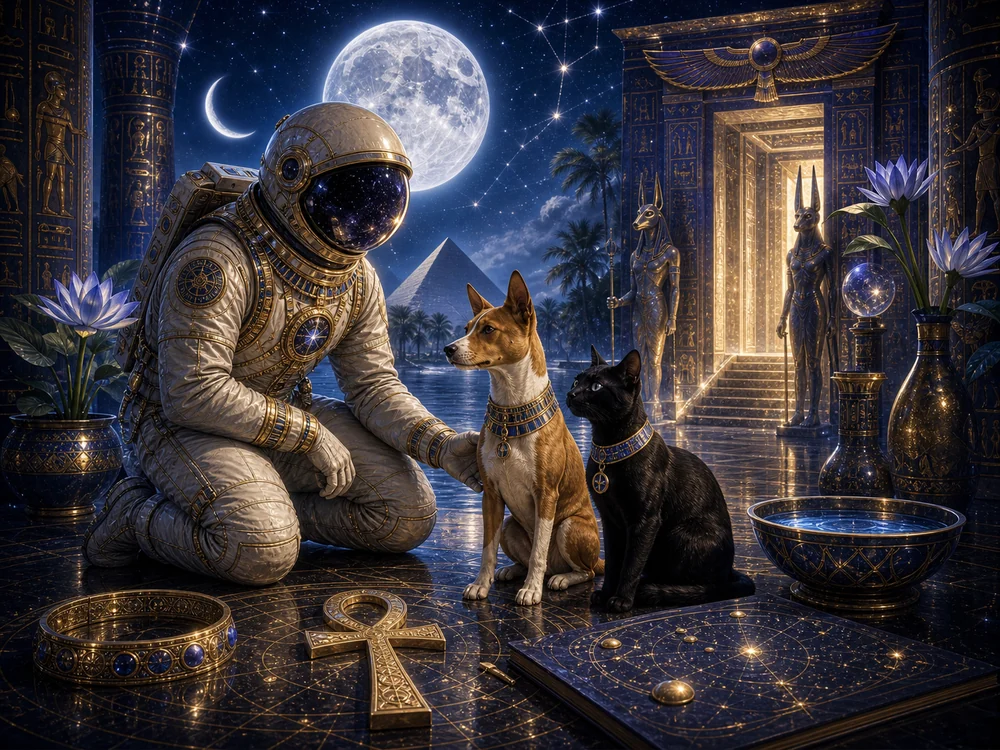 Astronaut in a gold-trimmed suit kneels beside two dogs in a lavish Egyptian-inspired temple at night under a full moon.