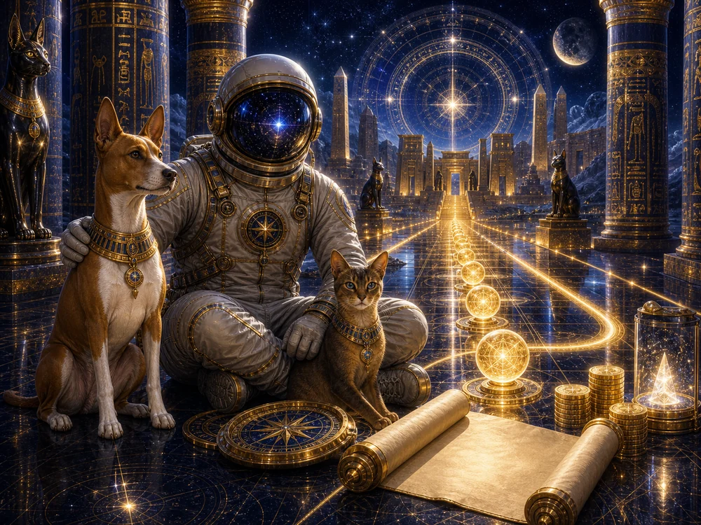 Astronaut in a gilded suit sits with a dog and a cat inside a glowing, temple-like hall, surrounded by gold coins, scrolls, and glowing orbs under a starry night sky.