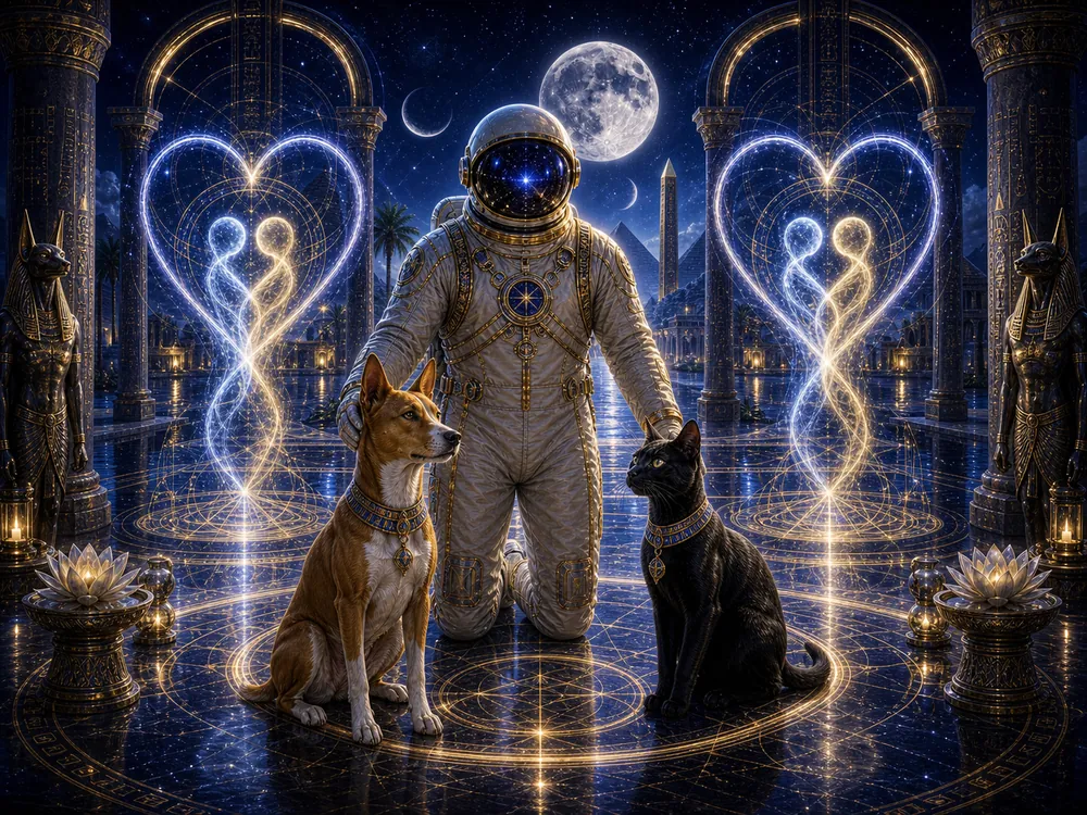 Astronaut kneels between a brown and a black dog in an ornate, moonlit temple with glowing heart-shaped light spirals behind them.