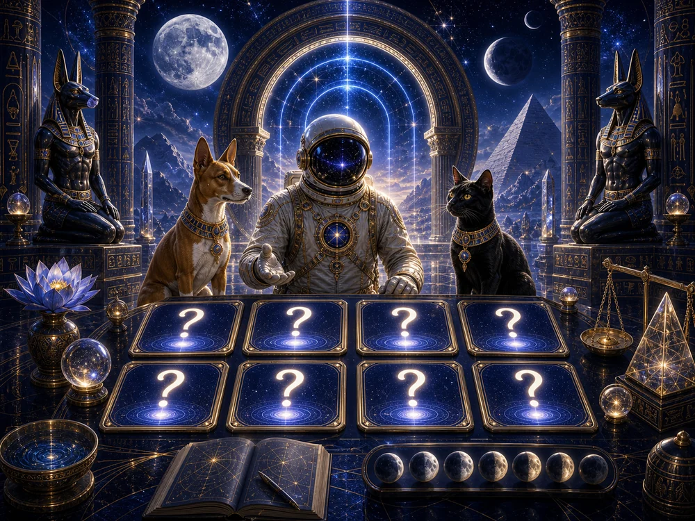 Astronaut at a mystical card table with a brown dog and black cat, surrounded by ancient statues and celestial nightscape with pyramids and orbs of light.