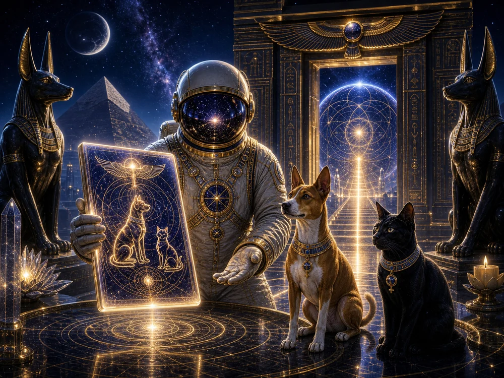 Astronaut in ornate gold suit presents a glowing board with dog and cat drawings to two pets in an Egyptian-inspired temple chamber.