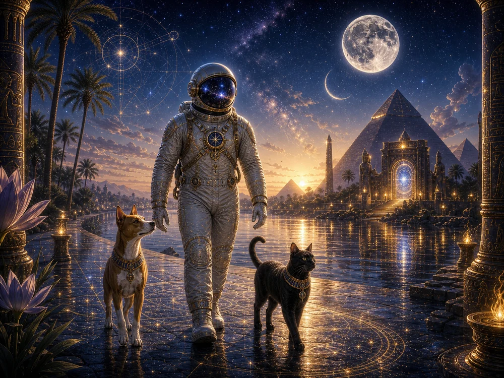 Astronaut in an ornate suit walks with a dog and a cat through a glowing temple courtyard toward pyramids at dusk.
