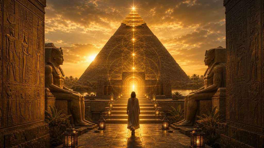 A person in robes walks toward a glowing pyramid temple at sunset, flanked by ancient statues and lantern-lit steps.