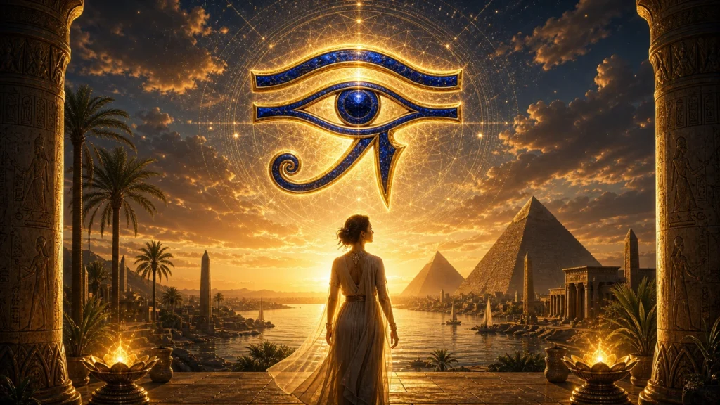 A woman in a flowing dress stands on a temple terrace at sunset, facing the pyramids with a glowing Eye of Horus overhead in the sky.