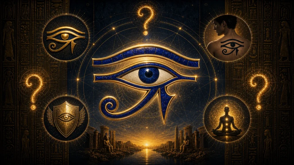 Central gold and blue Eye of Horus with surrounding circular medallions, question marks, and a dawn over ruins.