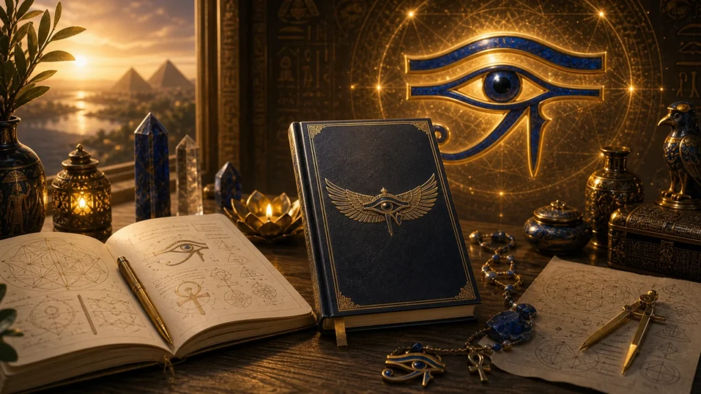 Open notebook with eye and geometric drawings, a blue embossed book, and gold ritual items on a wooden desk.