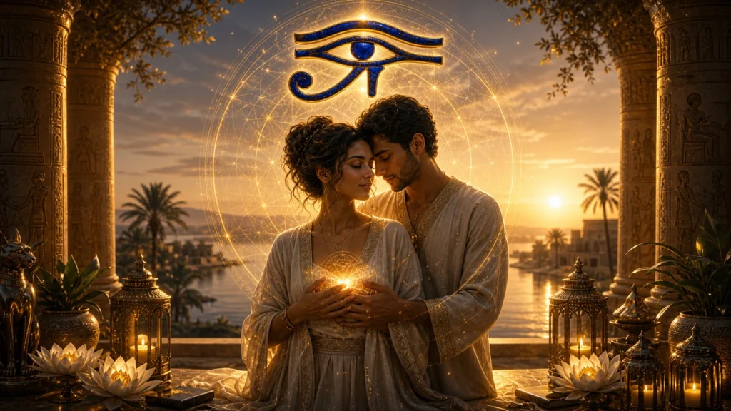 Romantic couple embracing at sunset in an Egyptian-inspired courtyard, holding a glowing orb beneath the Eye of Horus.