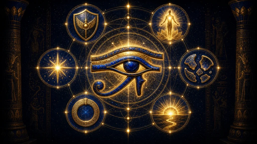 Central Eye of Horus symbol with blue and gold cosmic orbs and sacred geometry around it, Egyptian-inspired artwork.